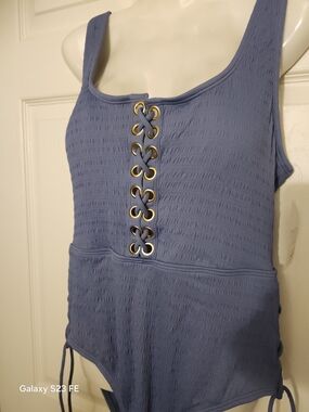 Time and Tru Dusty Blue Lace-Up One Piece Swimsuit
